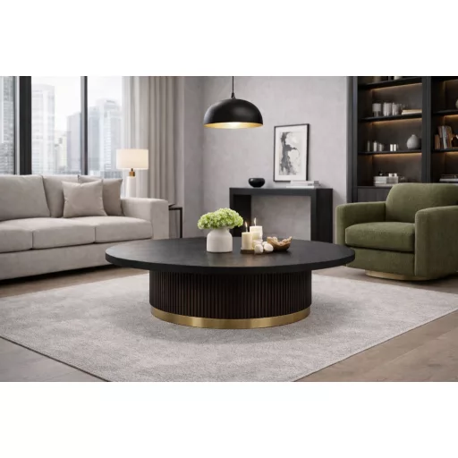 Kerek fa dohányzóasztal lamellás talppal – modern design nappali asztal