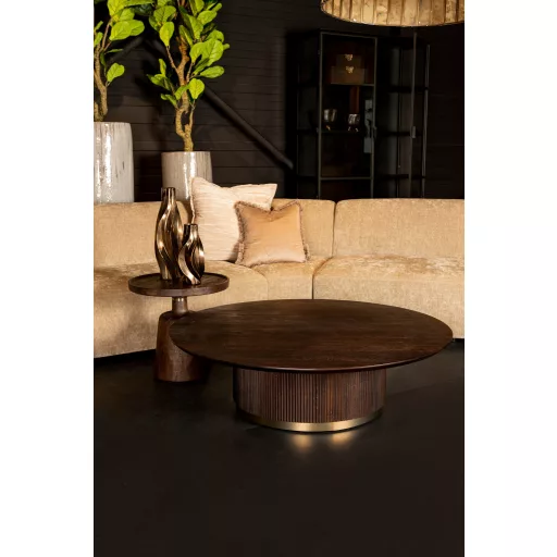 Kerek fa dohányzóasztal lamellás talppal – modern design nappali asztal