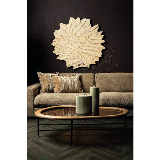 Kerek dohányzóasztal fa peremmel és üveglappal – elegáns design asztal