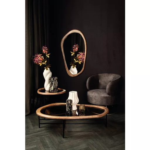 Kerek dohányzóasztal fa peremmel és üveglappal – elegáns design asztal