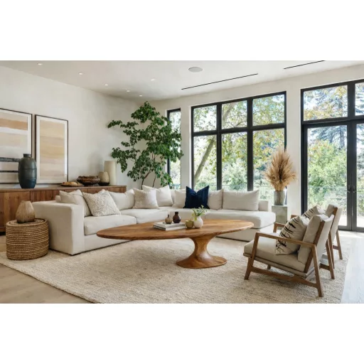 Ovális fa dohányzóasztal – robusztus talpú, természetes design asztal