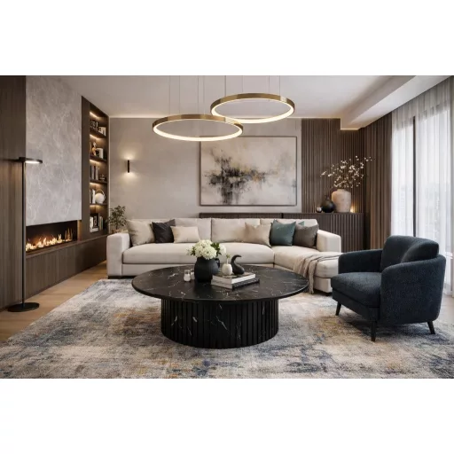 Kerek dohányzóasztal fekete márvány lappal – prémium design asztal