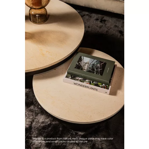 Kerek dohányzóasztal– Márvány lappal, sötétszürke fém talppal 