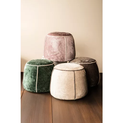 Beige puff puha bútorszövettel – modern textil ülőke dekoratív varrássa