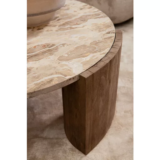 Kerek design asztal – Természetes fa lábakkal, kőhatású lappal