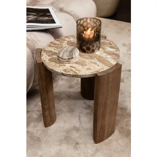 Kerek design asztal – Természetes fa lábakkal, márvány kő lappal