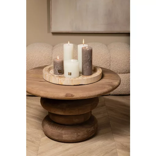 Stílusos barna mangófafa dohányzóasztal karakteres, szoborszerű formavilággal 