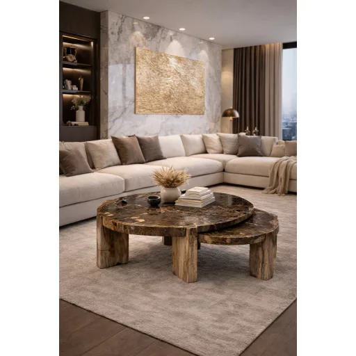 Excusive design asztal megkövesedett fa asztallappal