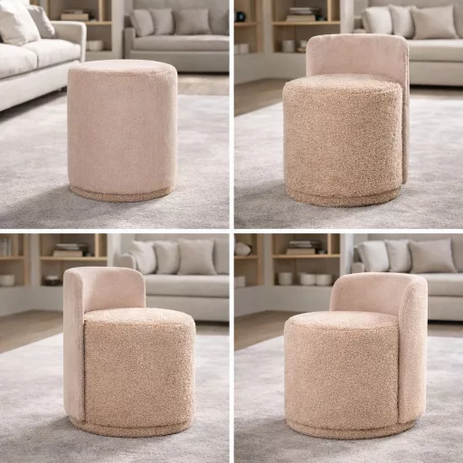 Bouclé kárpitos ülőke teddy beige műszőrme háttámlával – bézs puff 45.0 x 46.0 x 68.0 cm