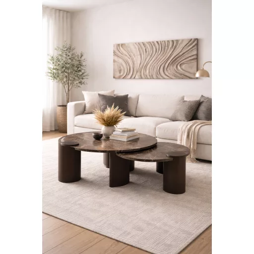 Kerek design asztal – Sötétbarna márvány lappal, modern fém lábakkal