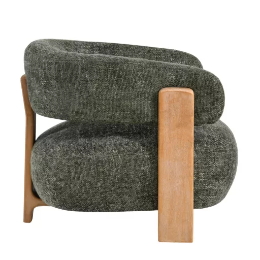 Olívazöld lounge fotel fa vázzal – modern design karosszék