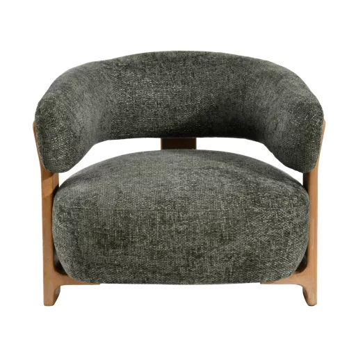 Olívazöld lounge fotel fa vázzal – modern design karosszék