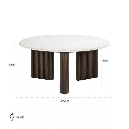 Luxus kerek dohányzóasztal a márvány kifinomultságával és a mangófa természetes melegségével  42x90x90 cm