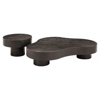   Organikus dohányzóasztal garnitúra – sötét kávé színű tölgy furnér design asztalok, modern prémium nappali bútor szett  143x103x30 cm+38x60x60 cm