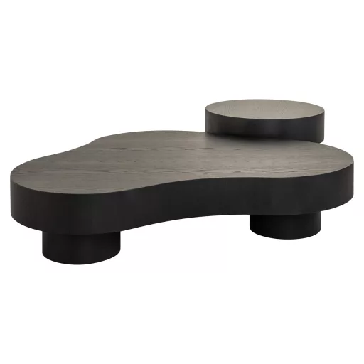 Organikus dohányzóasztal garnitúra – sötét kávé színű tölgy furnér design asztalok, modern prémium nappali bútor szett  143x103x30 cm+38x60x60 cm
