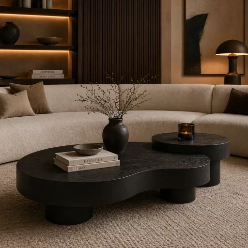 Organikus dohányzóasztal garnitúra – sötét kávé színű tölgy furnér design asztalok, modern prémium nappali bútor szett  143x103x30 cm+38x60x60 cm