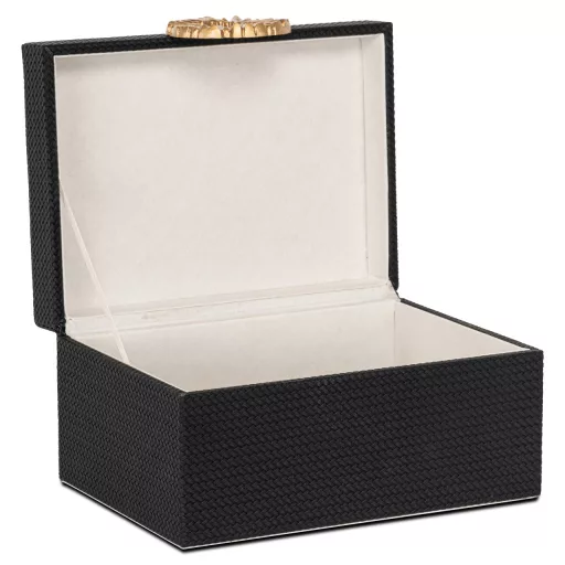 Exkluzív fekete ékszerdoboz karakteres arany fogantyúval, elegáns megoldás ékszerek tárolására, 11x21x13 cm