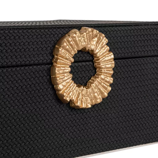 Exkluzív fekete ékszerdoboz karakteres arany fogantyúval, elegáns megoldás ékszerek tárolására, 13x19x25 cm