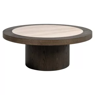   Exkluzív travertin kerámia dohányzóasztal tölgy furnér talppal- szoborszerű forma a modern luxus enteriőrök központi eleme 38x100x100 cm