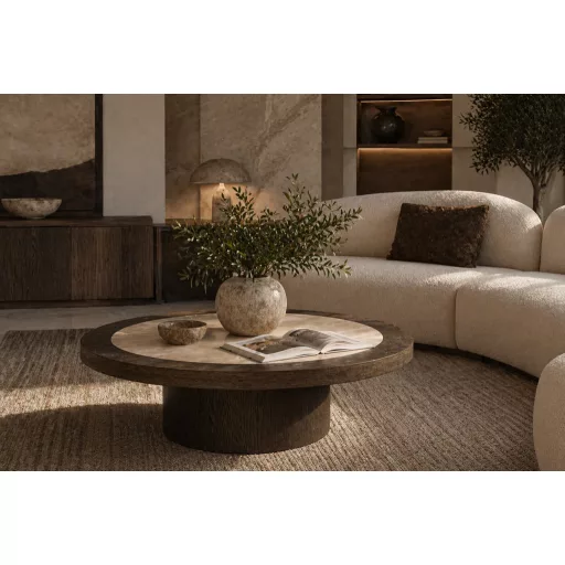 Exkluzív travertin kerámia dohányzóasztal tölgy furnér talppal- szoborszerű forma a modern luxus enteriőrök központi eleme 38x100x100 cm
