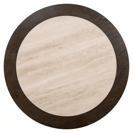 Exkluzív travertin kerámia dohányzóasztal tölgy furnér talppal- szoborszerű forma a modern luxus enteriőrök központi eleme 38x100x100 cm