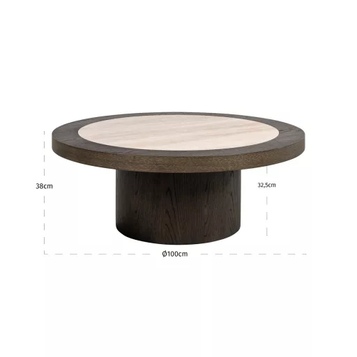 Exkluzív travertin kerámia dohányzóasztal tölgy furnér talppal- szoborszerű forma a modern luxus enteriőrök központi eleme 38x100x100 cm