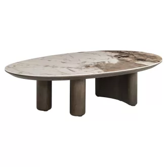   Ovális dohányzóasztal kerámia lappal és sötét tölgy furnér talppal – prémium design bútor- természetes anyagok és a kifinomult felületek37x80x135 cm