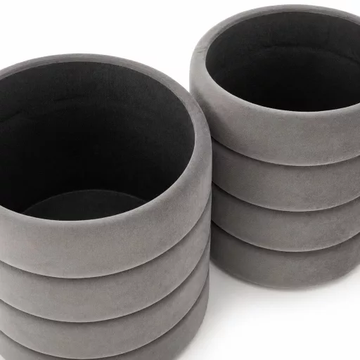 Stílusos szürke bársony puff szett 2 méretben, tároló funkcióval. Modern, elegáns kiegészítő nappaliba, hálóba vagy előszobába 40/44 cm + 33/39 cm