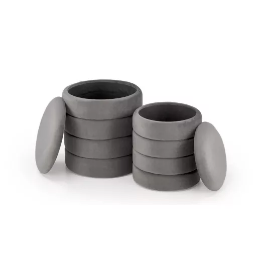 Stílusos szürke bársony puff szett 2 méretben, tároló funkcióval. Modern, elegáns kiegészítő nappaliba, hálóba vagy előszobába 40/44 cm + 33/39 cm