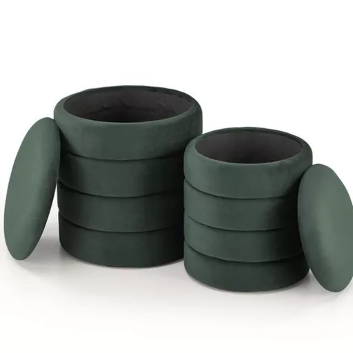 Stílusos zöld bársony puff szett 2 méretben, tároló funkcióval. Modern, elegáns kiegészítő nappaliba, hálóba vagy előszobába 40/44 cm + 33/39 cm