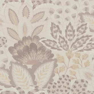   Elegáns botanikus mintás tapéta taupe- barna színben , részletgazdag virág- és levélminták, modern és természetes dekortapéta ,  hímzett anyag struktúra
