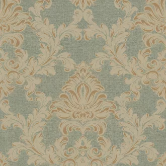   Elegáns, klasszikus damaszt mintás tapéta,zsályazöld alappal és bézs–aranyos ornamentikával 10x0,53m
