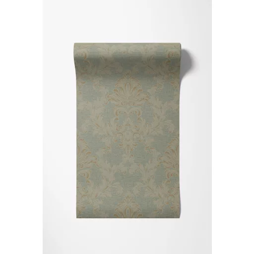 Elegáns, klasszikus damaszt mintás tapéta,zsályazöld alappal és bézs–aranyos ornamentikával 10x0,53m