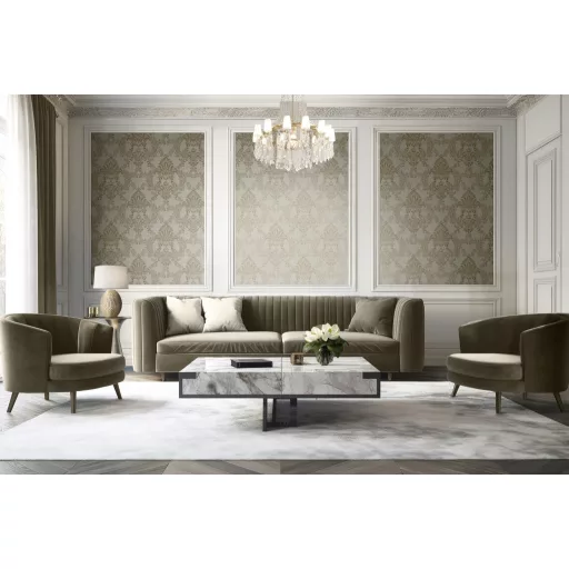 Elegáns, klasszikus damaszt mintás tapéta, szürkésbézs alappal és fémes  ornamentikával 10x0,53m