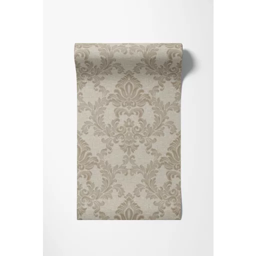 Elegáns, klasszikus damaszt mintás tapéta, szürkésbézs alappal és fémes  ornamentikával 10x0,53m