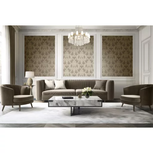 Elegáns, klasszikus damaszt mintás tapéta, barna alappal és fémes  ornamentikával 10x0,53m