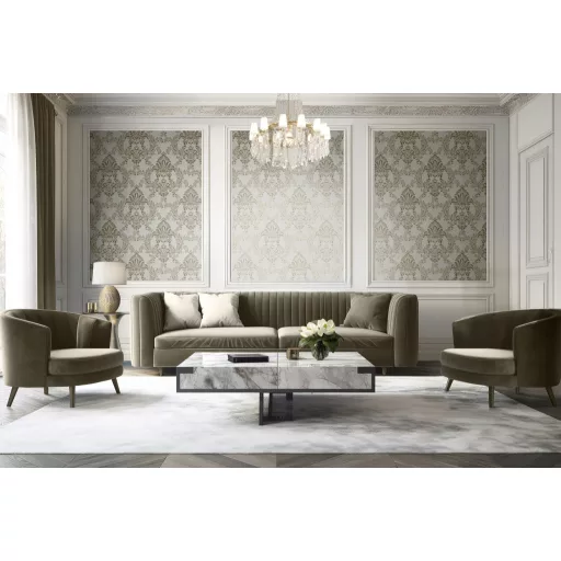 Elegáns, klasszikus damaszt mintás tapéta,szürke alappal és fémes  ornamentikával 10x0,53m