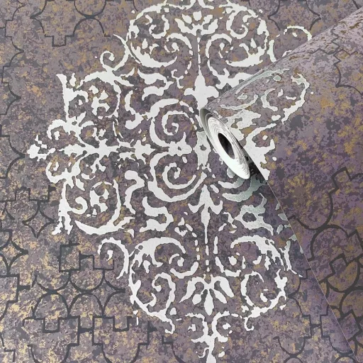 Prémium ornamentális mintás tapéta – elegáns vintage háttérrel lila-ezüst  színben
