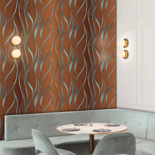 Elegáns, hullámzó mintavilágú prémium design tapéta- vörösesbarna-kék színben 1,06x 2,6m