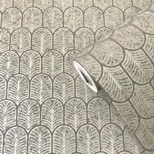 Elegáns pálmalevél ihletésű art deco tapéta , geometrikus mintával meleg szürke-bronz színben
