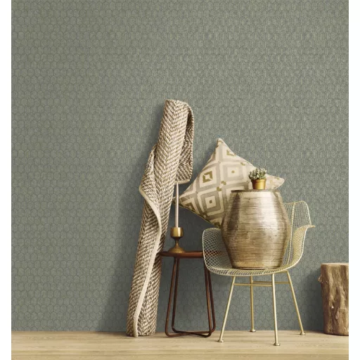 Elegáns pálmalevél ihletésű art deco tapéta , geometrikus mintával zöld, arany színben