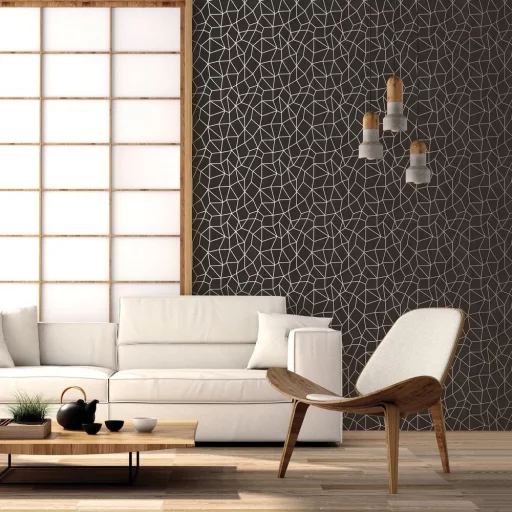 Modern, letisztult geometrikus mintás tapéta finom vonalháló mintával  sötétbarna-ezüst fémes csillogásal