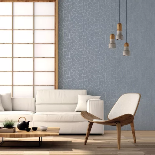 Modern, letisztult geometrikus mintás tapéta finom vonalháló mintával  jégkék-ezüst fémes csillogásal