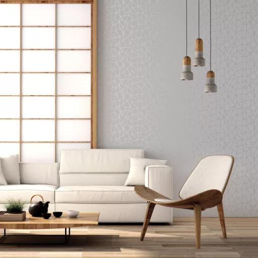 Modern, letisztult geometrikus mintás tapéta finom vonalháló mintával  szürke-ezüst fémes csillogásal