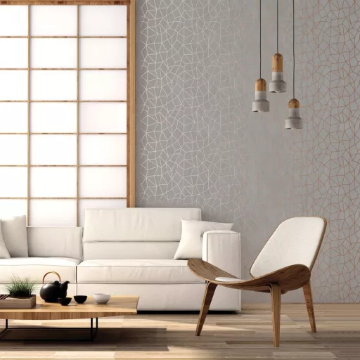 Modern, letisztult geometrikus mintás tapéta finom vonalháló mintával  szürke-réz fémes csillogásal