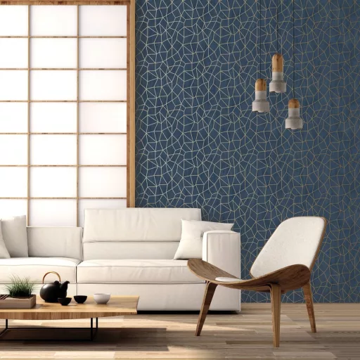 Modern, letisztult geometrikus mintás tapéta finom vonalháló mintával  sötétkék-arany fémes csillogásal