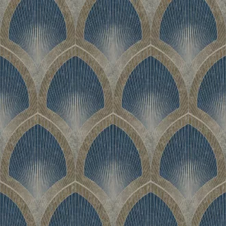   Prémium art deco íves mintás tapéta – elegáns geometrikus tapéta mélykék -drapp  szinben selyemfénnyel