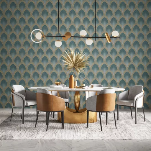 Prémium art deco íves mintás tapéta – elegáns geometrikus tapéta  smaragd- arany szinben ,selyemfénnyel