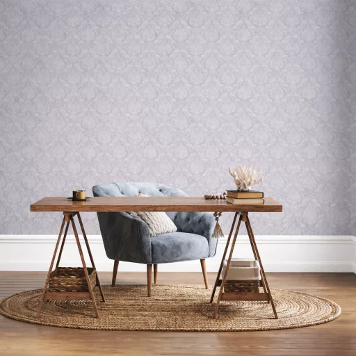 Elegáns damaszt mintás prémium tapéta  középszürke alapon-ezüst csillogással