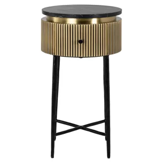  Arany bordázott kör alakú lerakóasztal fekete márvány hatású tetővel – modern luxus design